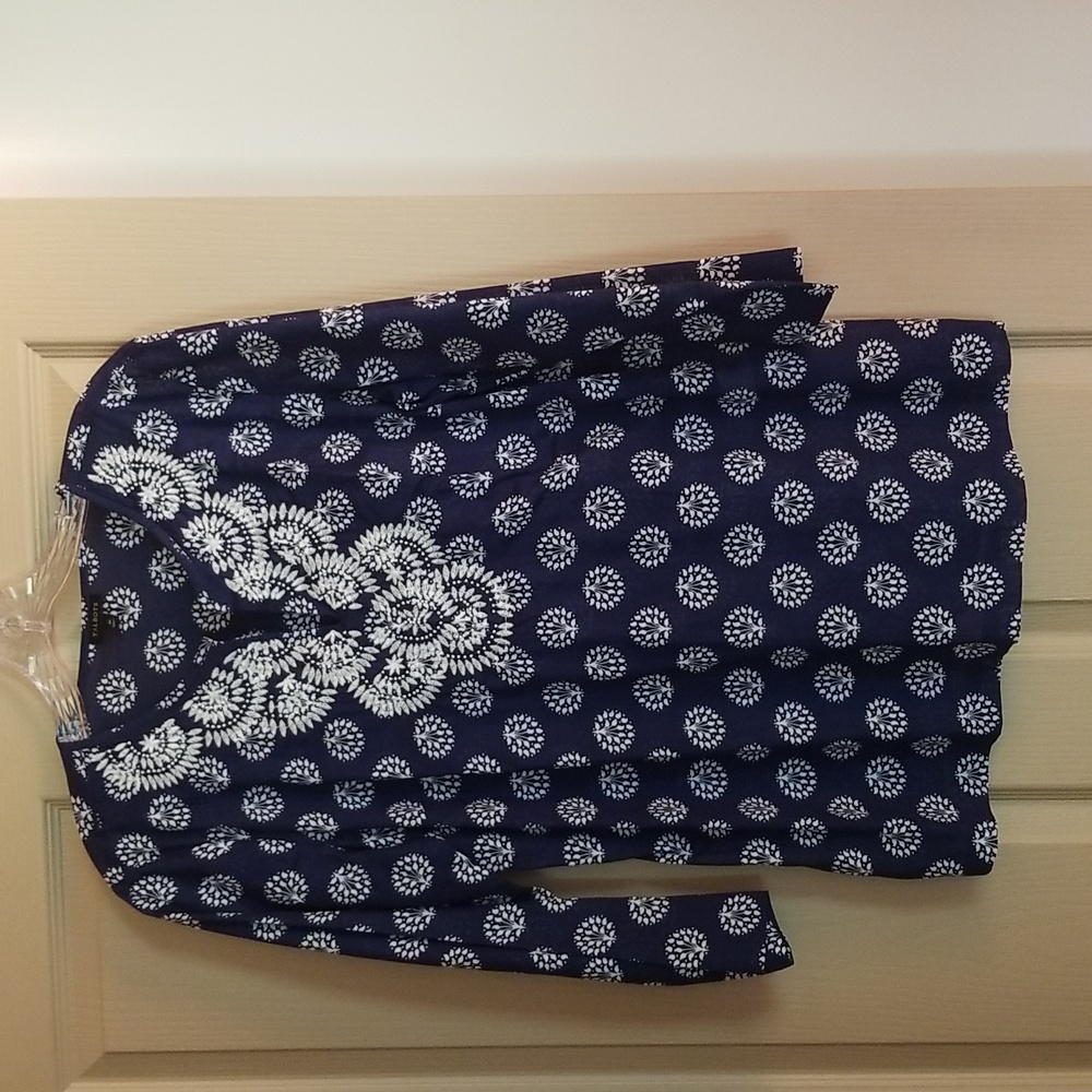 Talbots Navy Blue & White Pattern Top with Embroidered Bead Detail, Size M, New